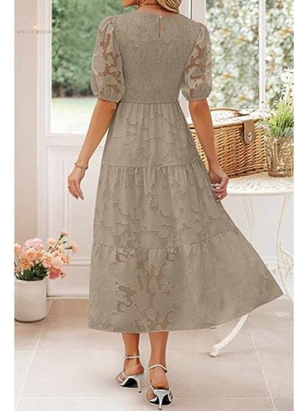 Women's Floral Lace Maxi Dress Puff Sleeve Smocked Wedding Guest - Picture 3 of 6
